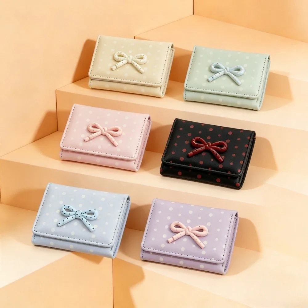 Polka Dot Bowknot Short Wallet Large Capacity PU Leather Student Simplicity Wallet Dopamine Color Coin Purse Card Organizer
