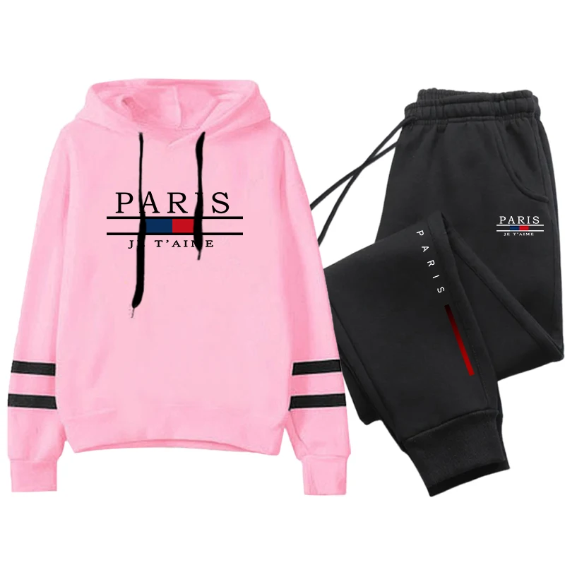 Hot Sale Women's Paris Printed Tracksuit Hooded Sweatshirts and Black Sweatpants Ladies Home Outdoor Casual Sports Jogging Suits