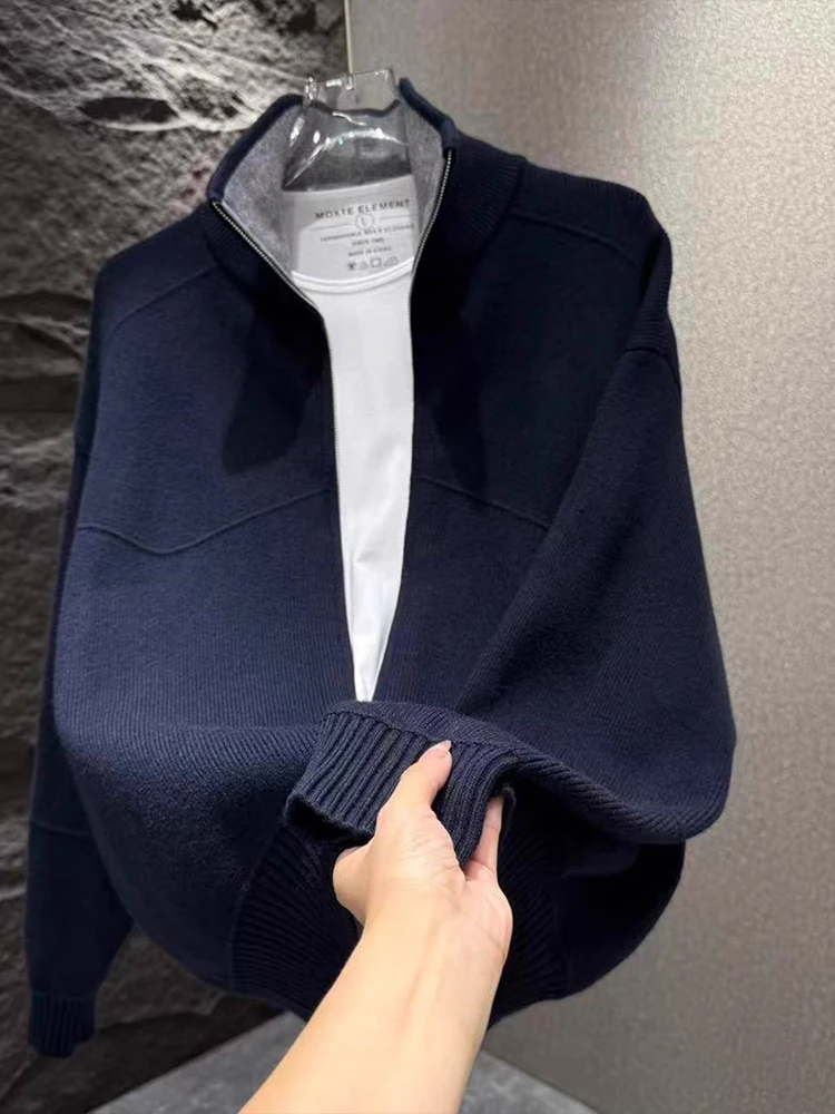 

Мужской вязаный кардиган цвета кобальтовой синевы, осенне-зимний, новый, плотный, с воротником-стойкой, модный, премиум-класса