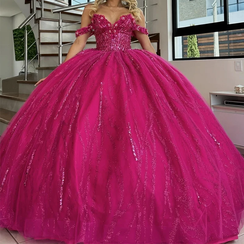 

Sparkly Rose Red Princess Quinceanera Dresses Ball Gown Off Shoulder Corset Sequin Beads Vestido De 15 Anos quinceañera Sweet 16