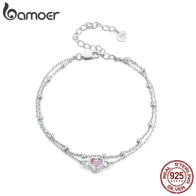 BAMOER 925 Sterling Silver Double Layer Bracelet Barbie Pink Heart Adjustable Chain Link for Women Valentine's Day Gift BSB152