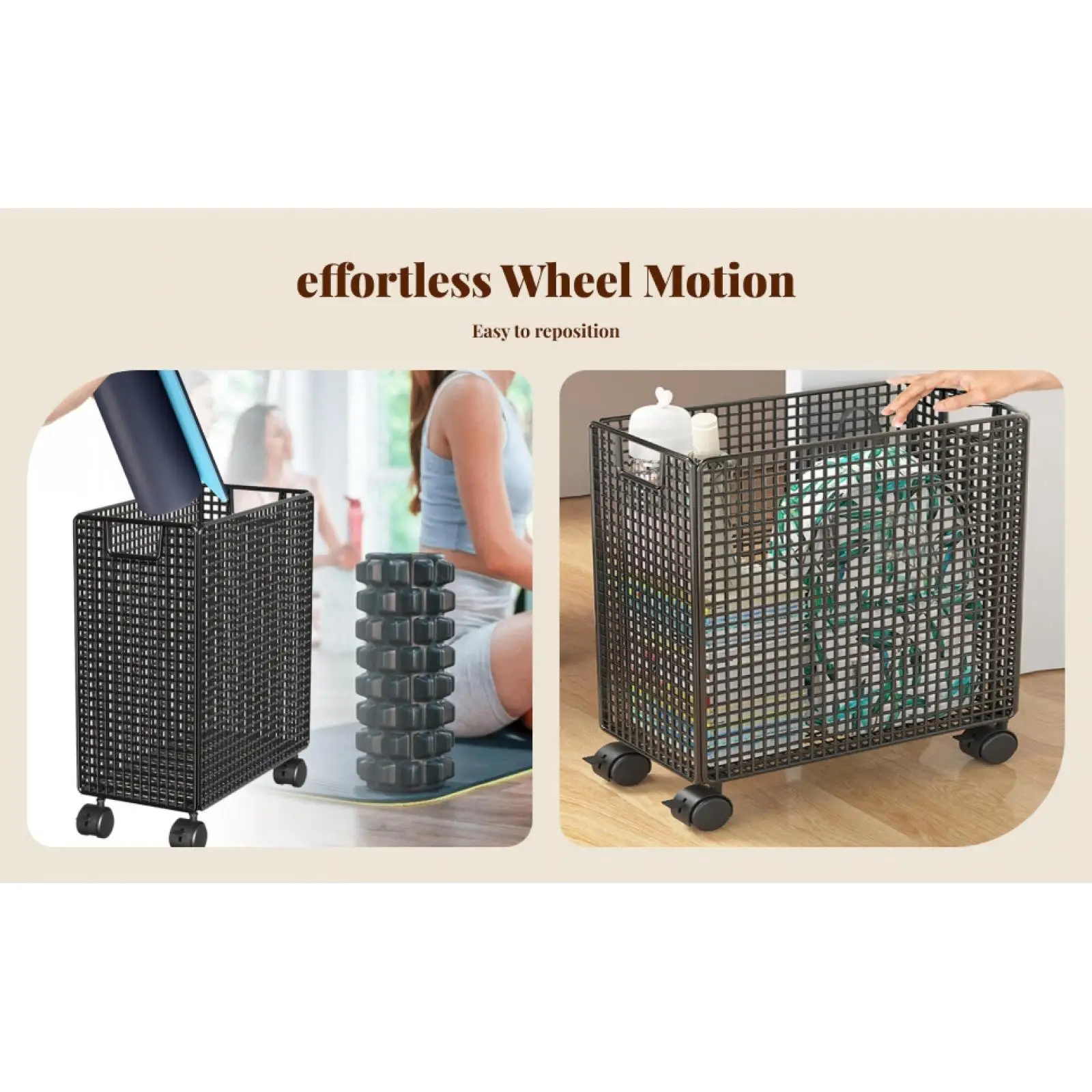 Yoga Mat Storage Rack Basket Movable Organizer Utility Cart Compact Design for Indoor and Outdoor Equipment
