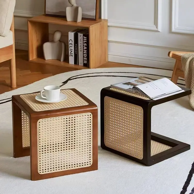 Retro solid wood rattan small square stool home sofa tea edge few high-end light luxury bedroom bedside table shoe change bench