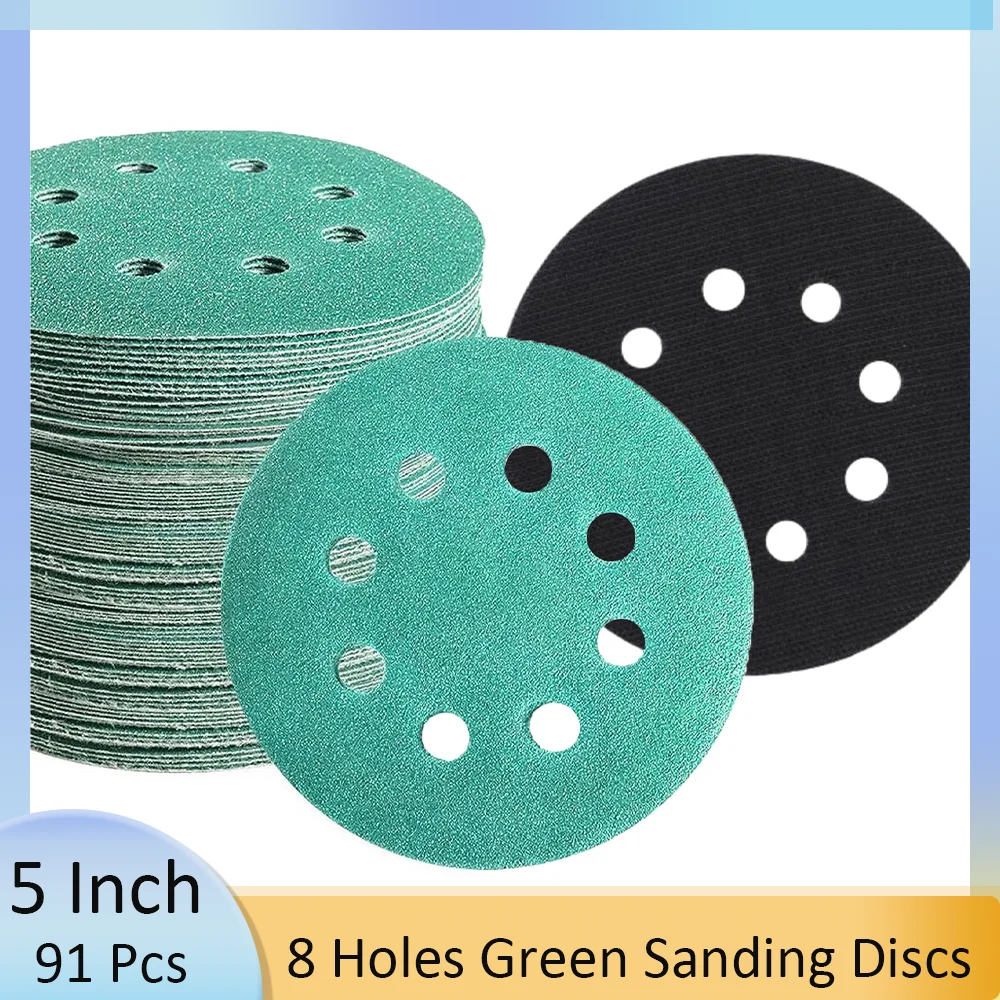 

5 Inch 125MM 8 Holes Green Sanding Discs 91 PCS with Interface Pad Hook and Loop 80-1500 High Grit Assortments Fine Grit