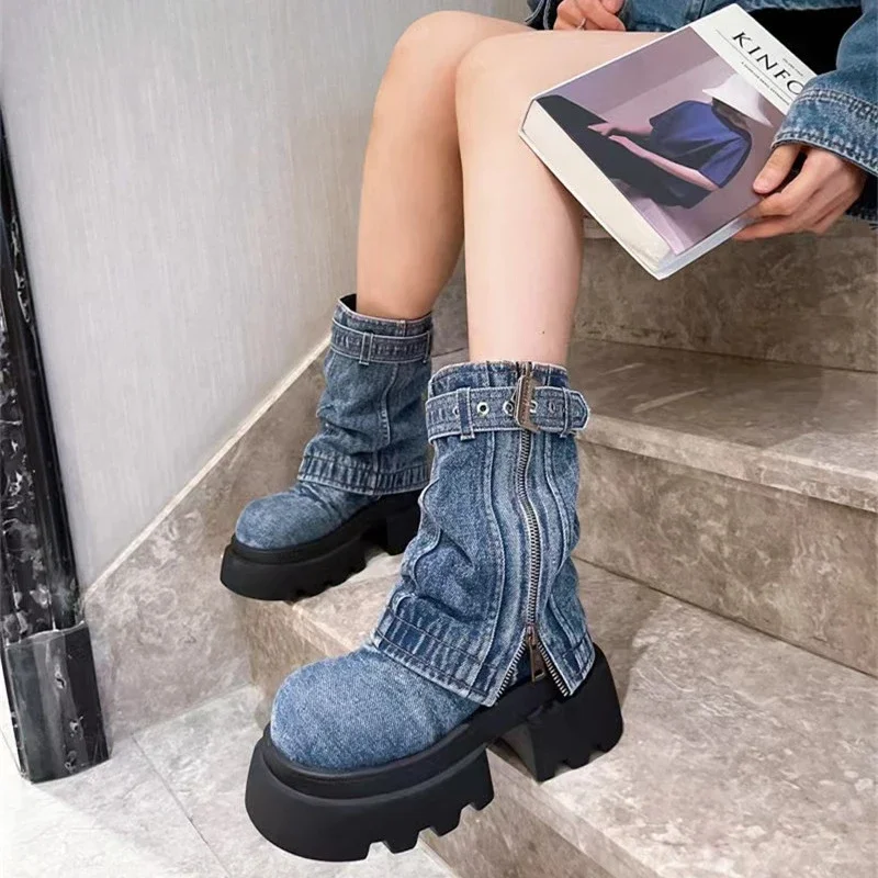 Platform Shoes Cowboy Boots for Women Round Toe Square Heel Mid Calf High Women Boots Punk Street Style Outdoor Denim Solid