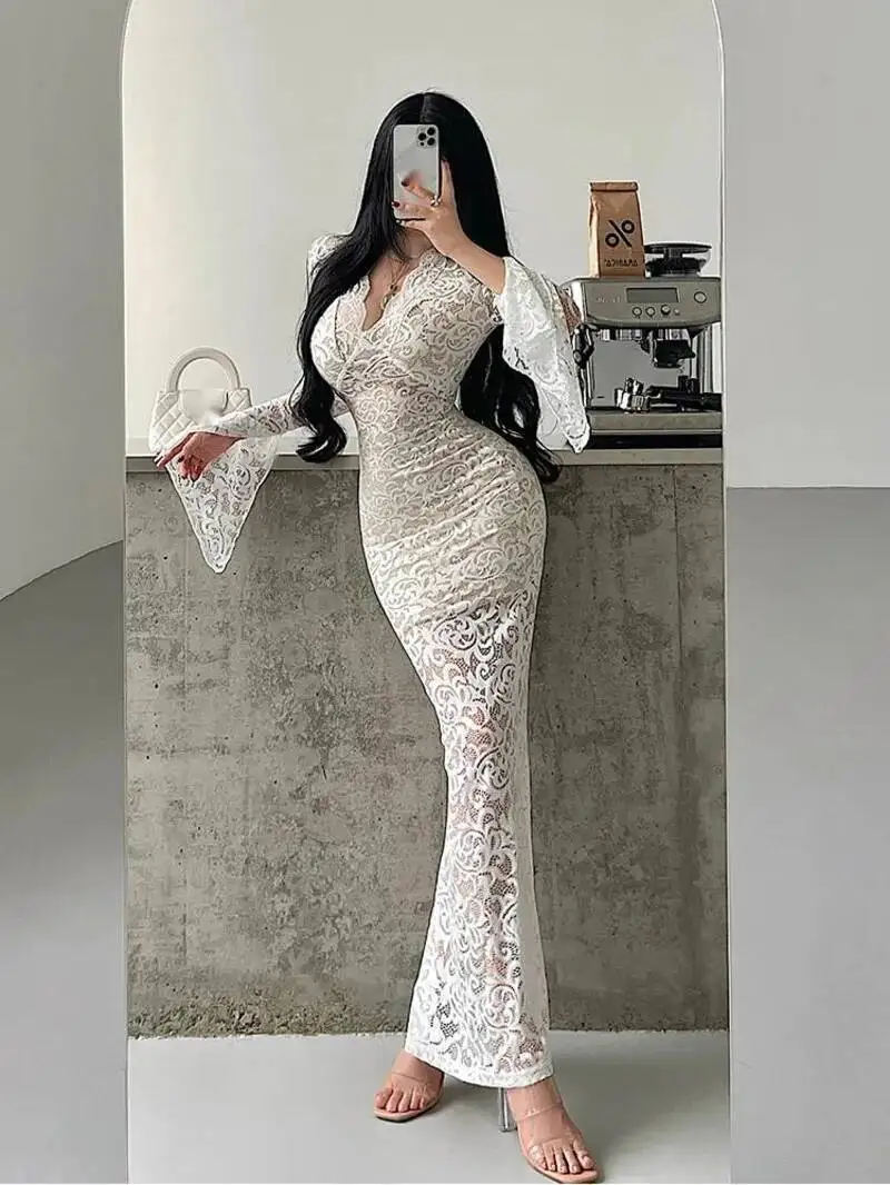 

Pure Desire Sexy Deep V Neck Slim Lace Hollow Long Sleeve Hip Wrapping Dress Elegant Long Dresses Fashion Women Tops FSX6