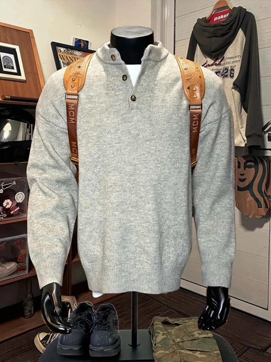 

Мужской трикотажный джемпер Cleanfit с воротником хенли, теплый базовый слой, зимняя верхняя одежда, повседневный свободный крой, длинный рукав, полосатый узор