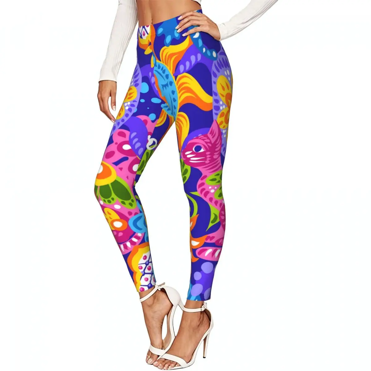 Casual Ladies Slim Leggings Mexican Ethnic Folk Elastic High Waist Sports Daily Wear Trousers
