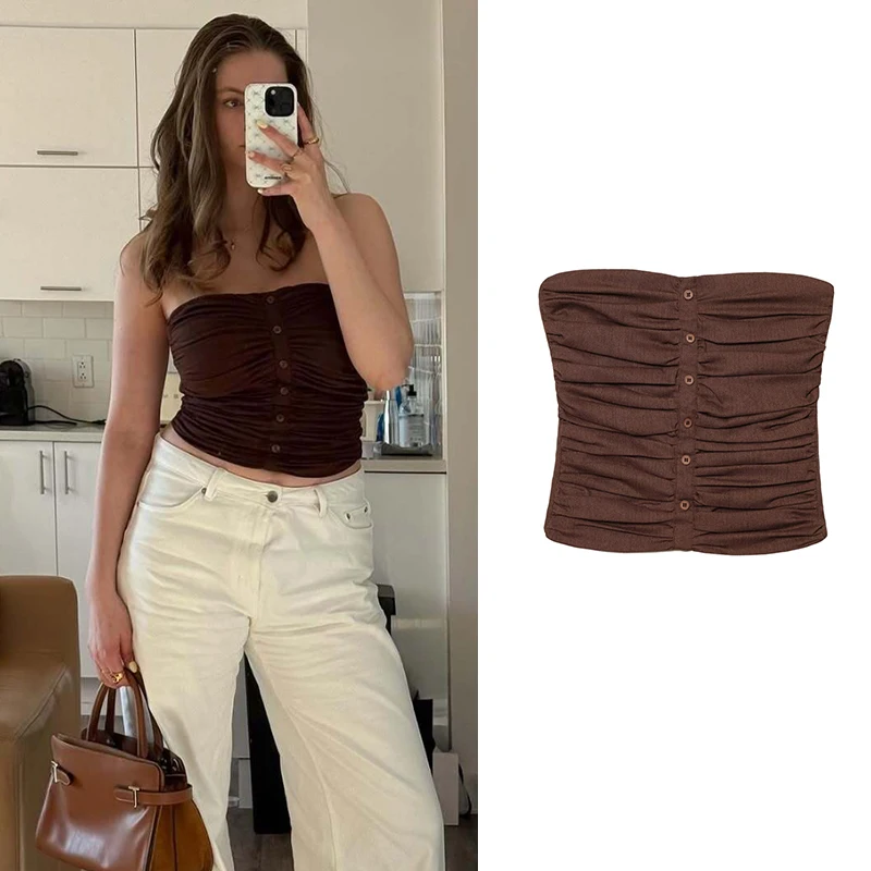 

Summer Tops Women's 2025 New Chic Tube Top Tight Ruched Short Elegant Women's Tops Fashion Street Youth Student Top