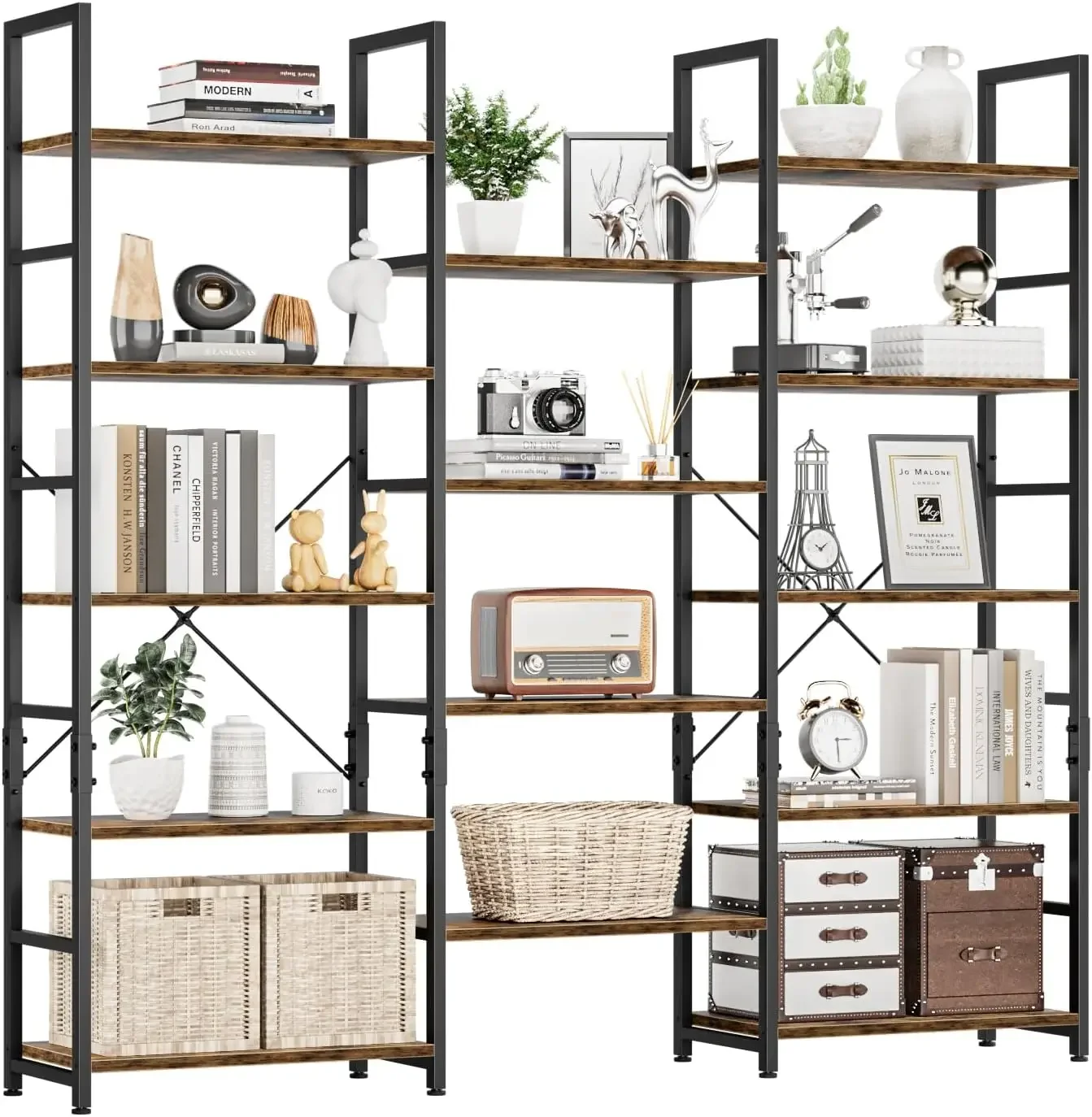 Triple Wide 5 Tier Bookshelf, Rustic Industrial Style Bookcases with 14 Open Display Shelves, Modern Tall Bookcase Furniture for