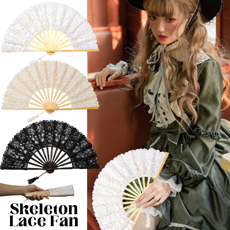 

Cotton Lace Folding Handheld Fan Embroidered Bridal Hand Fan with Bamboo Staves for Wedding Decoration Dancing Party