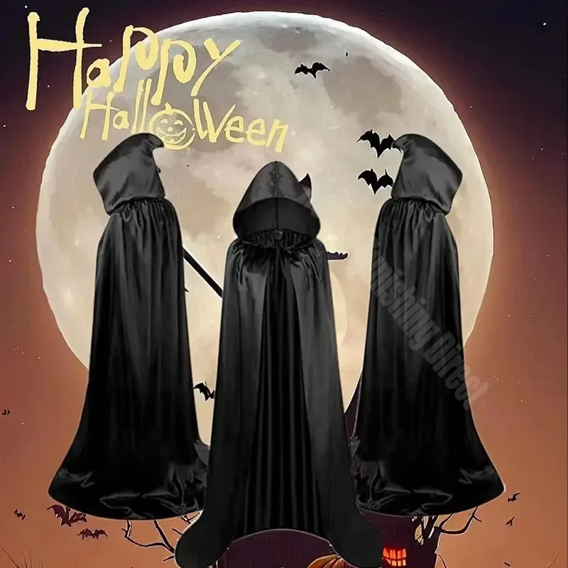 Halloween Party Cloak Cosplay Dress up Costume Kids Death Cosplay Costumes Black Hooded Cloak Scary Witch Devil Role Play