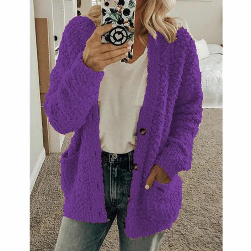 2026 autumn and winter popular women's plus size solid color coat long sleeved with pocket buttons loose casual sweater coat
