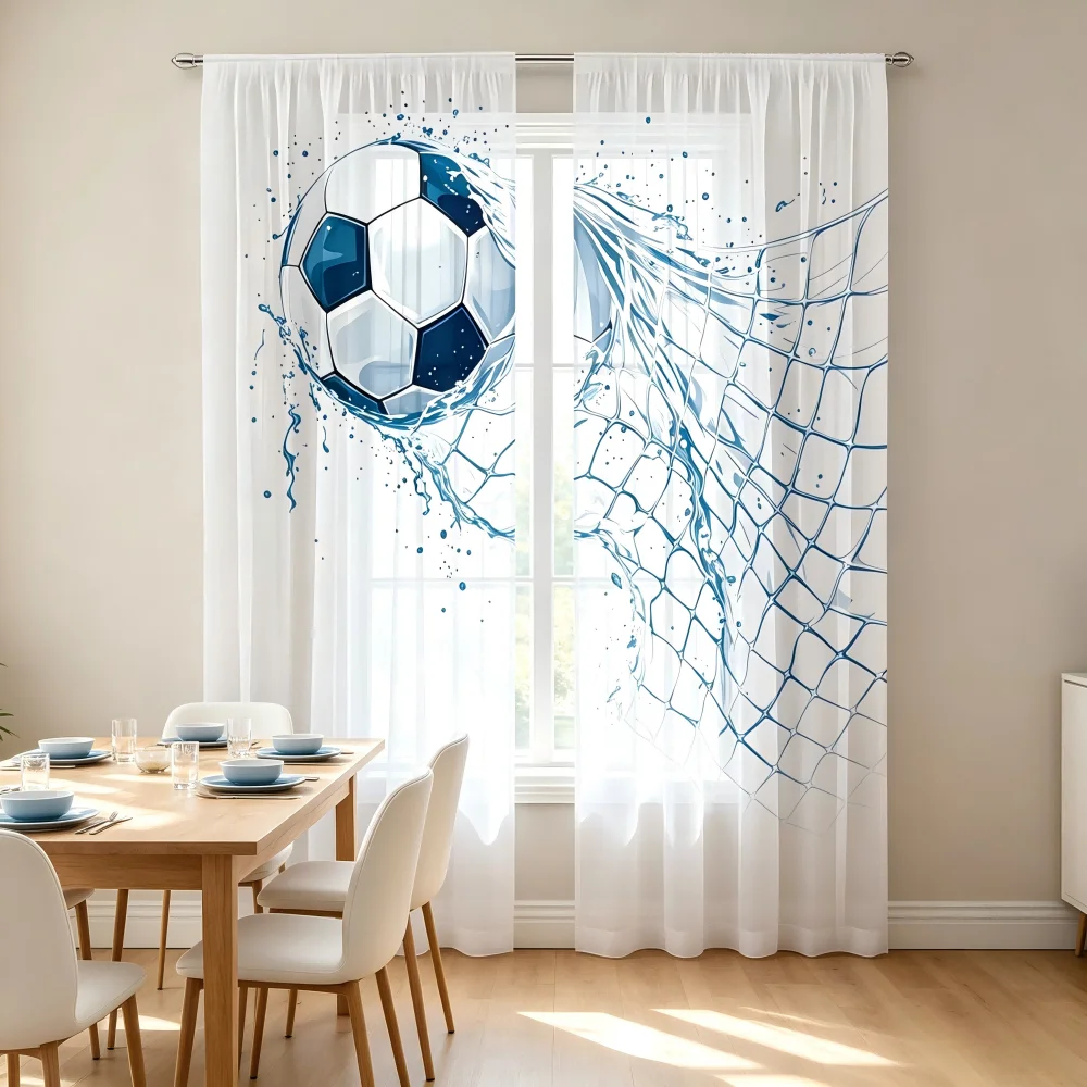 2PCS Digital Print Sheer Curtain, Water Net Soccer, Sport Game Active Ball Play - Voile Drapes for Bedroom Living Room Decor