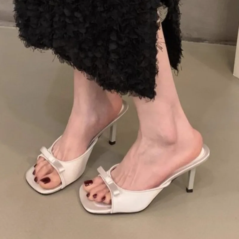 Slipper Mules Low High Heels Shoes   Summer Best Street Look Females Square Head Open Toe bow Strappy Sandals Women