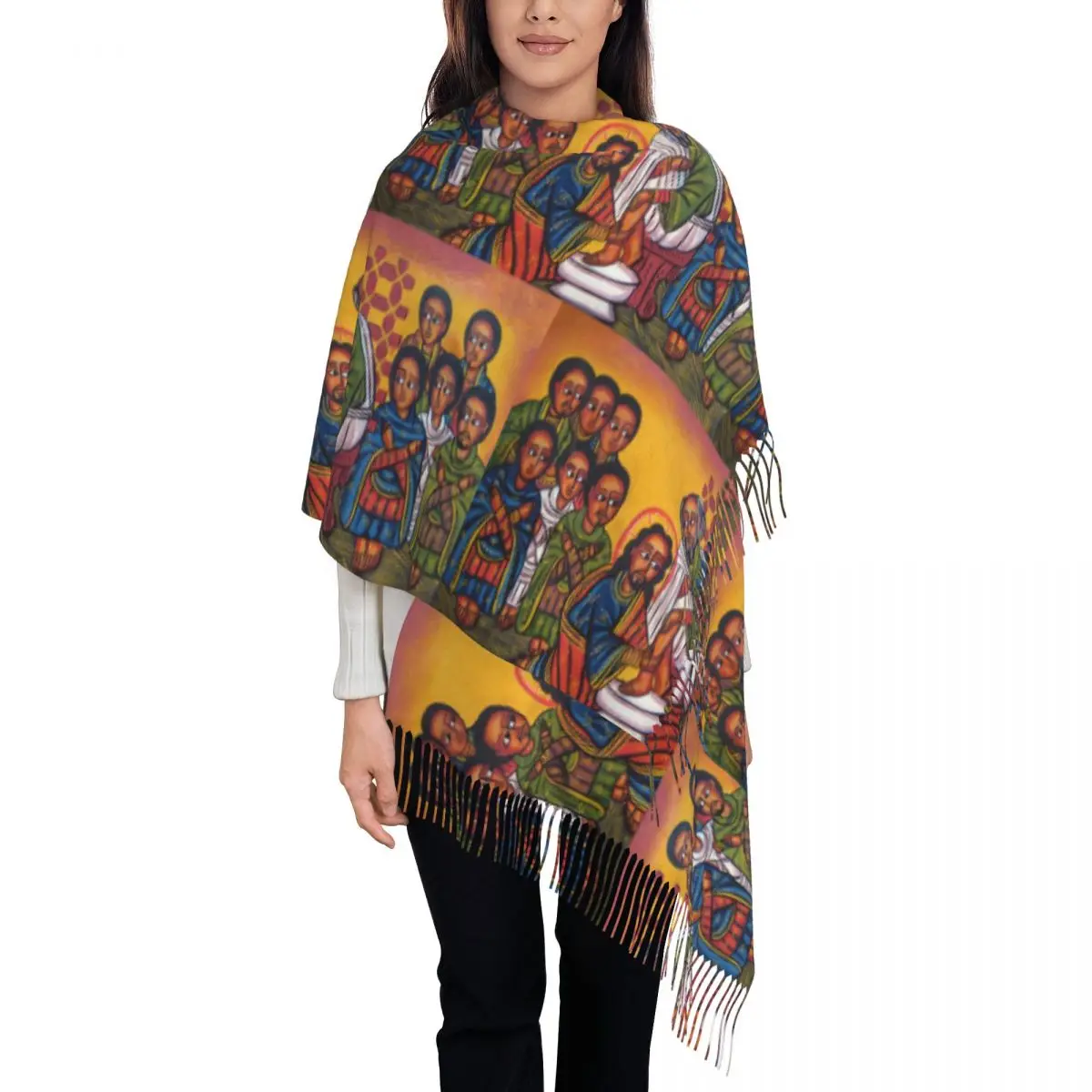 Ethiopian Christian Christ Washing Art Tassel Scarf Women Soft Shawl Wrap Lady Winter Scarves