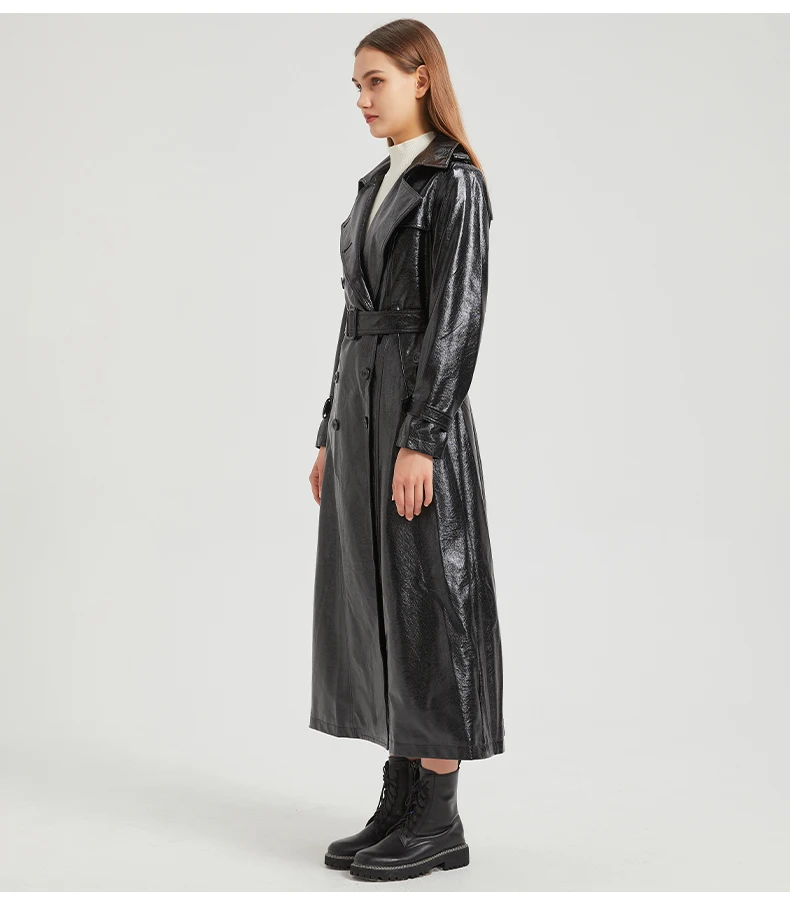 Lautaro Spring Autumn Extra Long Gold Shiny Pu Leather Trench Coat for Women Sashes Double Breasted Luxury Europe Fashion 2024
