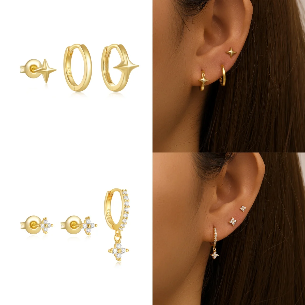 

LENNIK 925 Sterling Silver Four Pointed Star/Flower Zircon Earring Set Women Elegant Ear Buckle/Studs Exquisite Jewelry Gifts