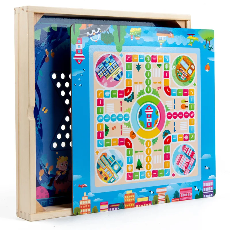 Damas infantis de madeira, xadrez voador, gamão, xadrez de besta de combate, jogo multifuncional nove em um, xadrez, estudante para