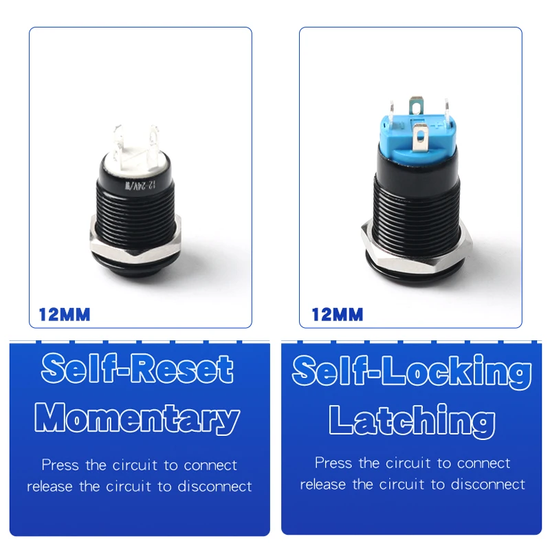 

12MM Metal Button Switch 12V24V220V Oxidized Black Shell High Flat Head Latching Momentary With Lights 1NO1NC Waterproof Switch