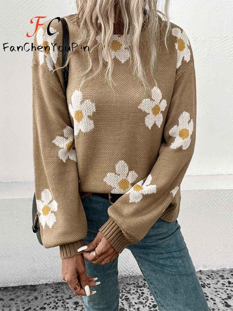 Otoño Invierno nuevo suéter de mujer moda cuello redondo manga larga Top de punto Casual elegante Floral holgado exquisito jersey femenino