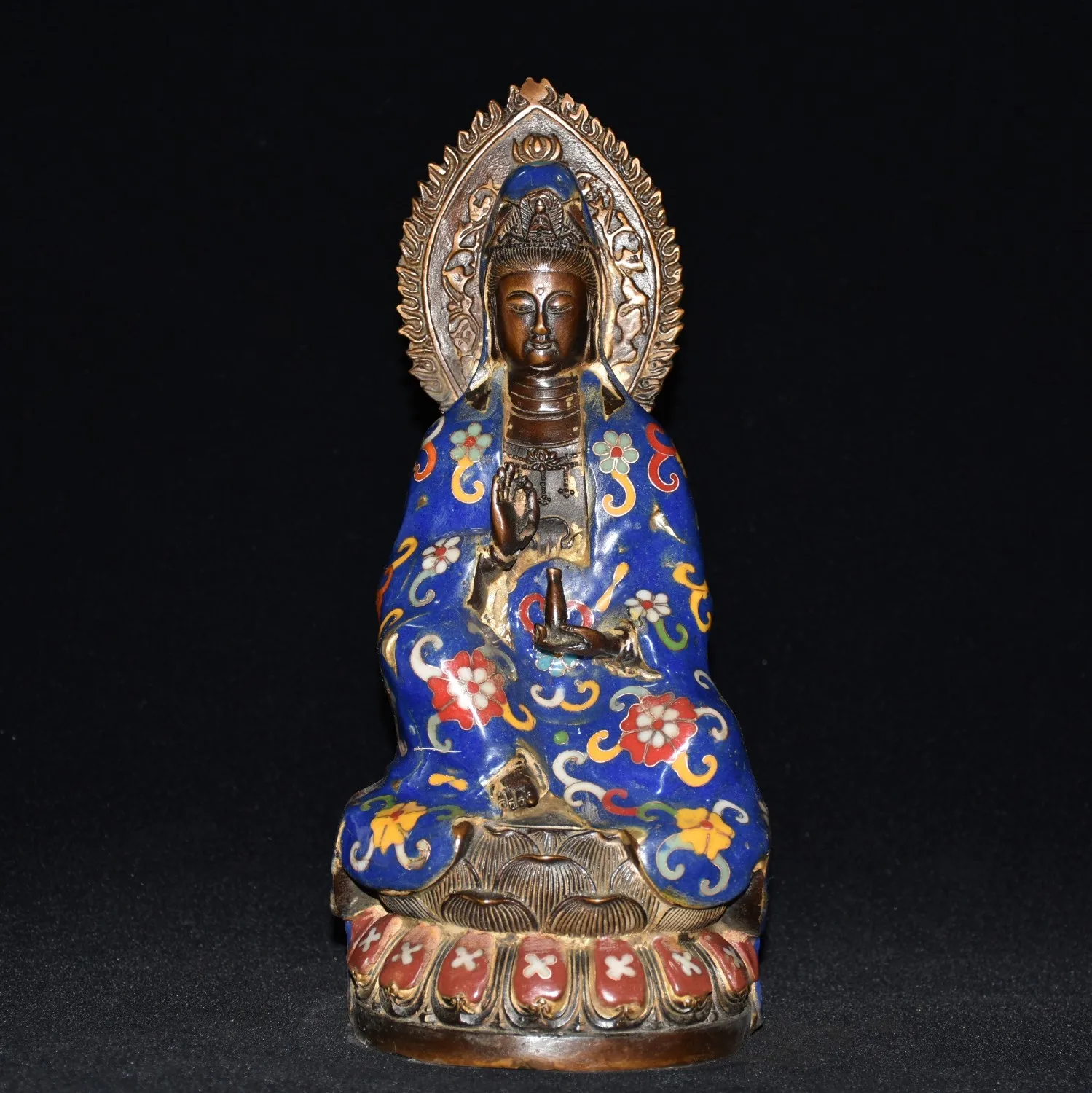 

10"Tibetan Temple Collection Old Bronze Cloisonne Enamel Guanyin Bodhisattva Buddha lotus platform Worship Hall Town house