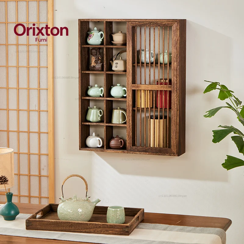Solid Wood Chinese Style Wall-Mounted Tea Set Display Shelf Multi-layer Organizer for Teapot & Tableware Grid Storage Rack