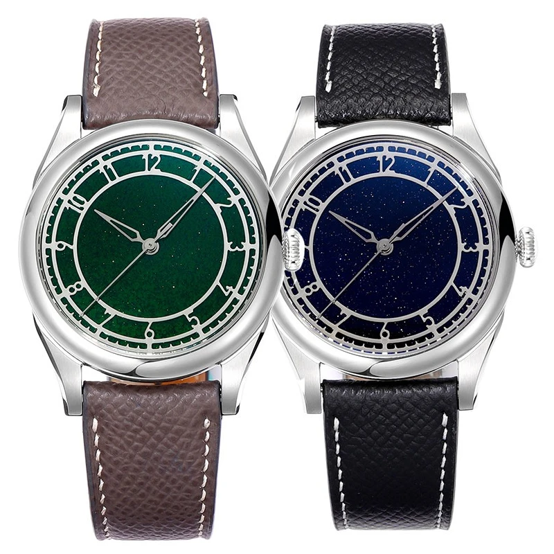 HUASUO Blue Crystal Sand Green Sand Stone Disc Fully Automatic Mechanical Watch Genuine Leather Business Leisure Watch