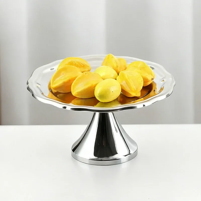 Luxury Silver Dessert Plate, High Foot Stainless Steel Dish, Serving Plates, Fruit Bowl for Cake, Home Decoration, Kitchen Table