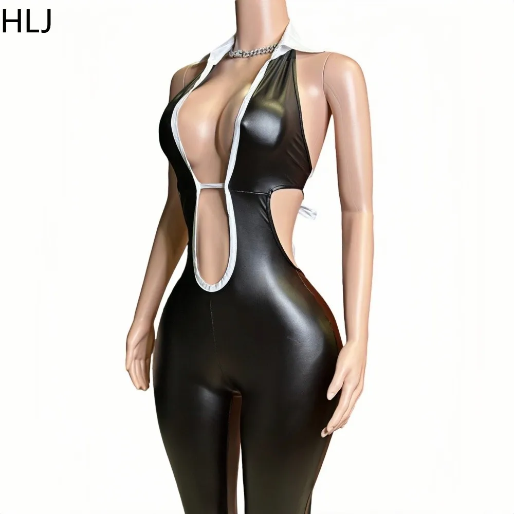 HLJ Black Sexy Hollow Bodycon Out Leather One Pieces Jumpsuits Women Halter Elasticity Slim Playsuits Fashion Bandage Overalls