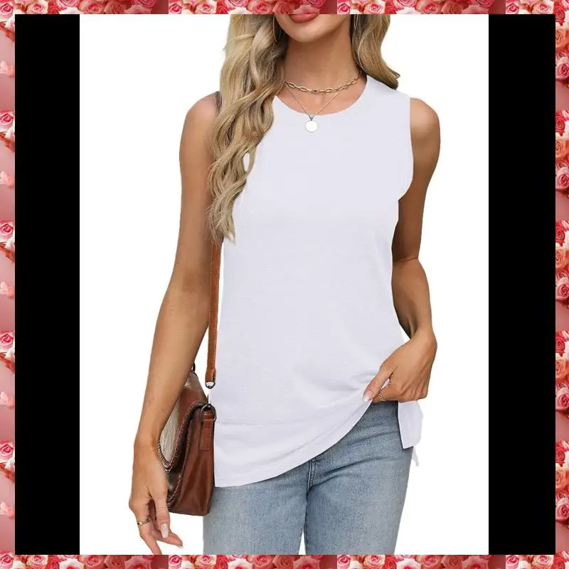 Womens Summer Tank Tops Sleeveless Round Neck Casual Side Hem Tops Loose Fit