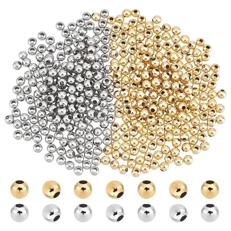 2 Colors Round Spacer Beads 304 Stainless Steel Loose Beads Rondelle Metal Spacer Bead for DIY Bracelet Necklace Jewelry Making