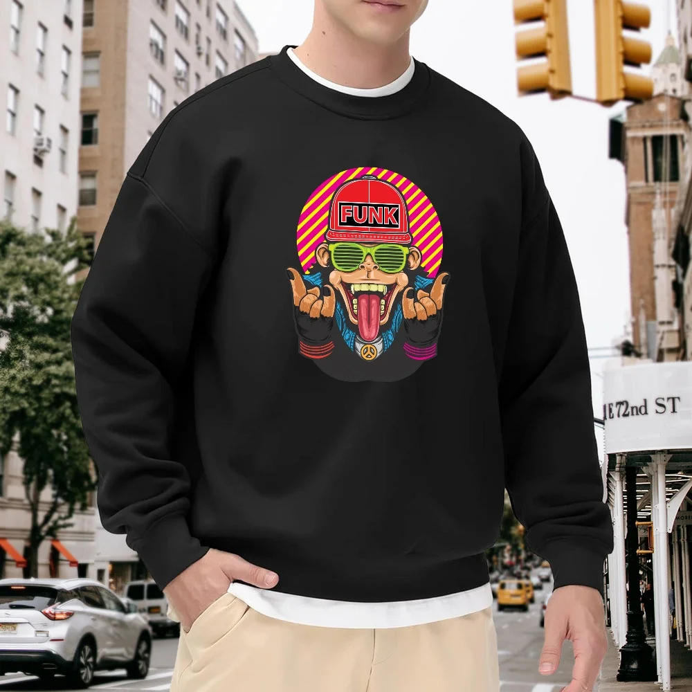 

Men's Black Crew Neck Loose Sweatshirt with Fun Cartoon Print, Street Style Top, Casual Everyday Fashion Item, Comfortable, Breathable, Versatile Style