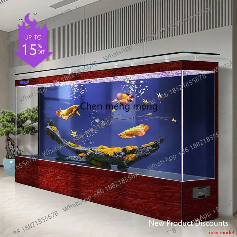 

New ultra-white glass fish tank against the wall, large light luxury floor circulation filter in the living room, aquarium
