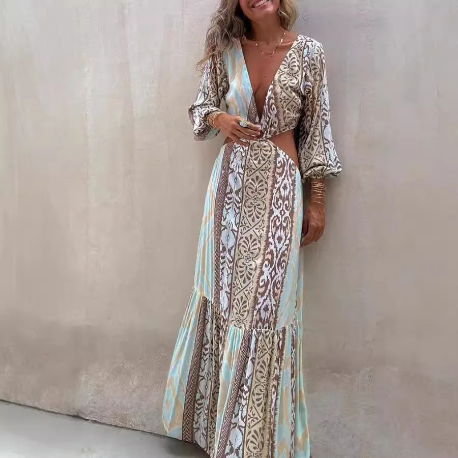 Abito stampato sexy con scollo a V profondo Moda donna Boho Hollow Backless Lace Up Abiti lunghi Abiti casual a maniche lunghe stile vacanza