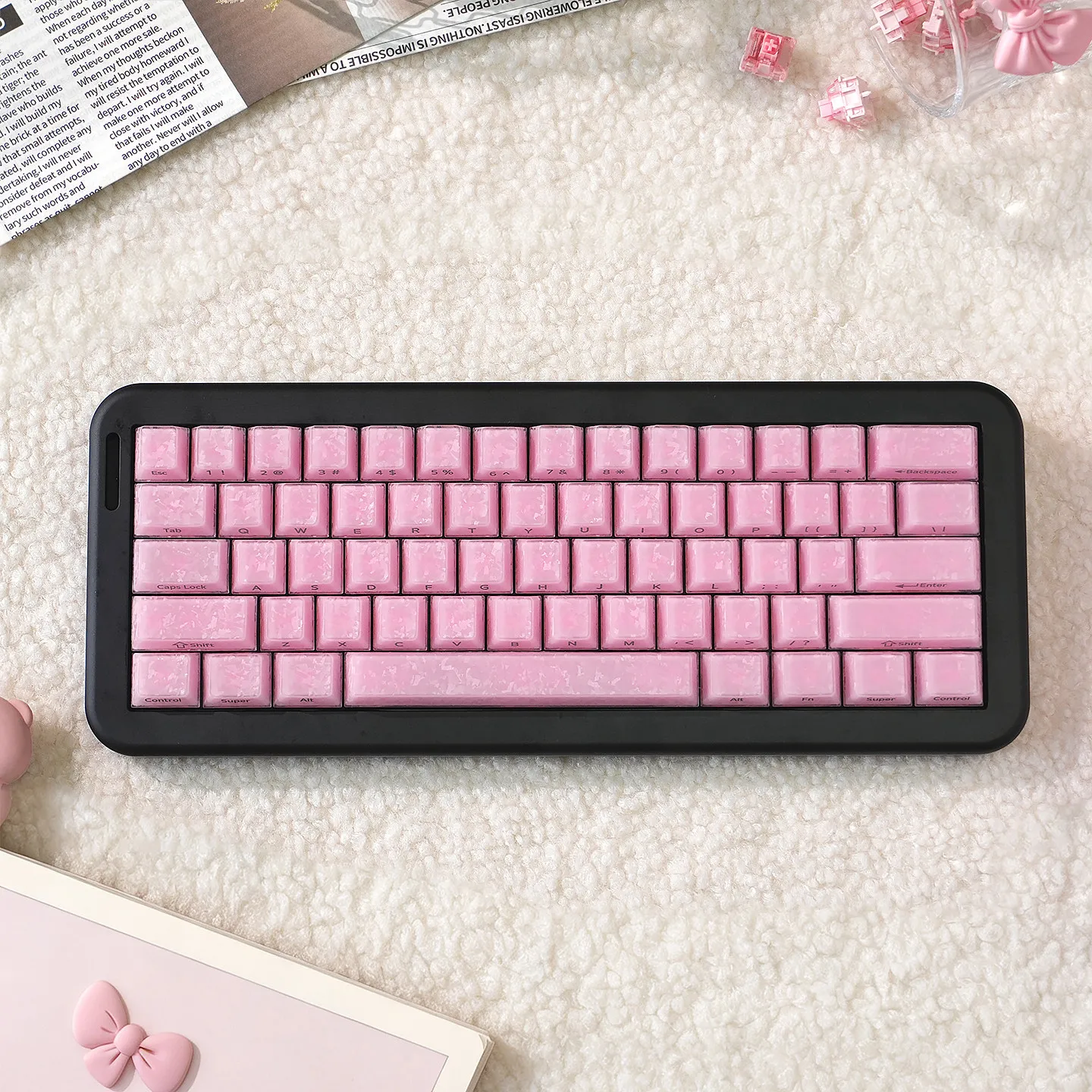 Pink Crystal Carbon Fiber Translucent Keycaps Cherry Profile Side Print Keycaps sets For MX Cherry Mechanical Keyboard