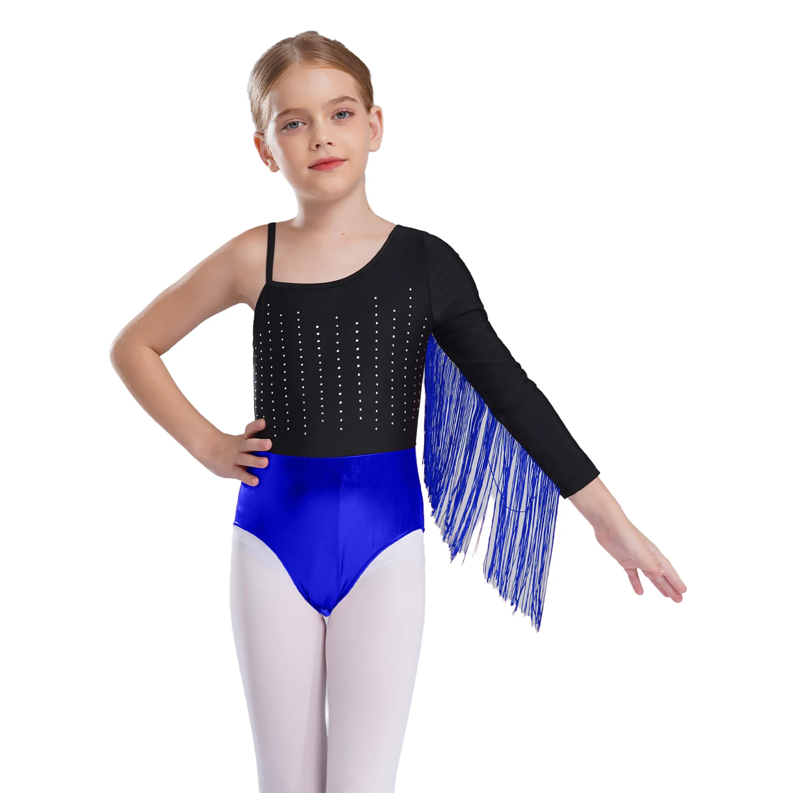 Kostium do tańca latynoskiego na jedno ramię z frędzlami i kryształkami do tańca Cha-Cha Samba Rumba Tango Skating Dancewear Leotard