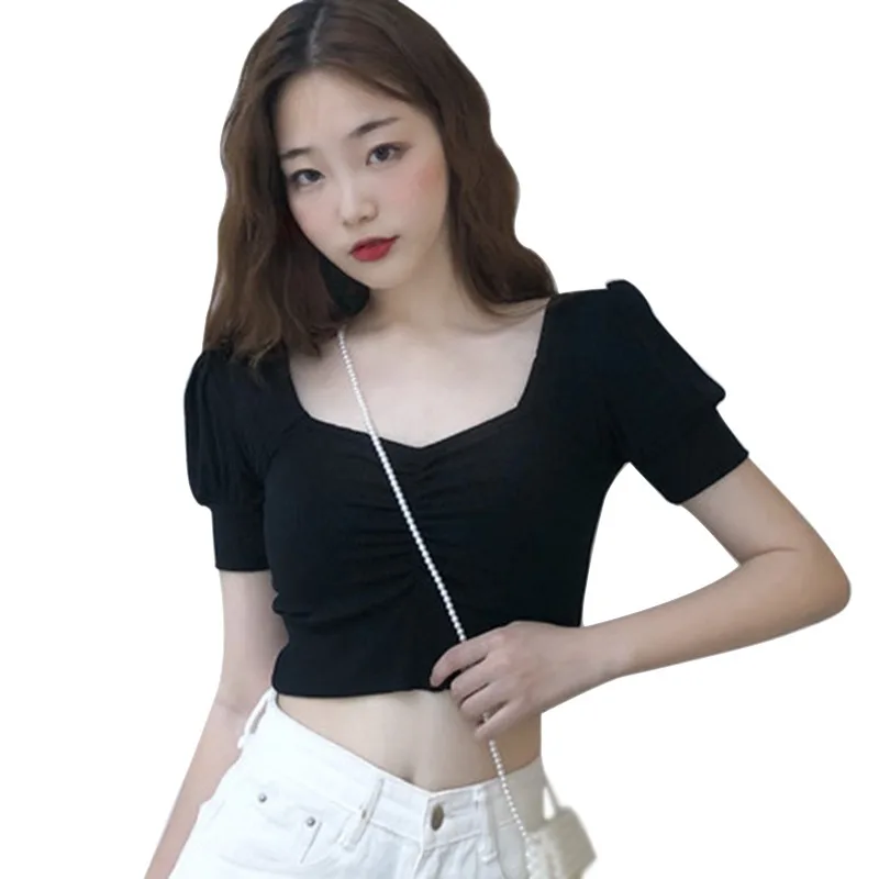 Women Square Neck Slim Fit Top Summer Navel Exposed Short Sleeve Crop Top Female Solid Low Neck Sexy Skinny T-Shirt