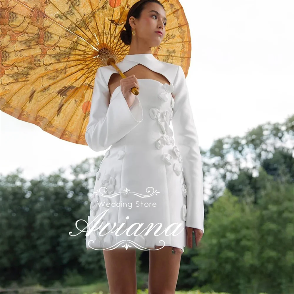 カスタマイズされたアヴィアナカットアウト長袖花装飾ショート丈バックレスサテンブライダルドレスイブニングドレスパーティードレス2025