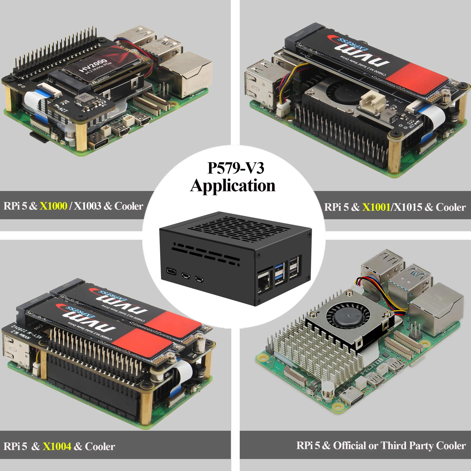 حافظة Geekworm المعدنية P579-V3 لـ Raspberry Pi 5 & PCIe M.2 NVMe SSD Shield X1000 / X1001 / X1003 / X1004 (لا تدعم X1002! !!)