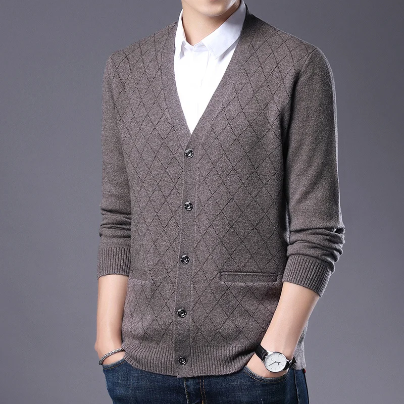 cardigan Men's 100% pure wool autumn and winter thickened casual V-neck diamond jacquard knitted sweater