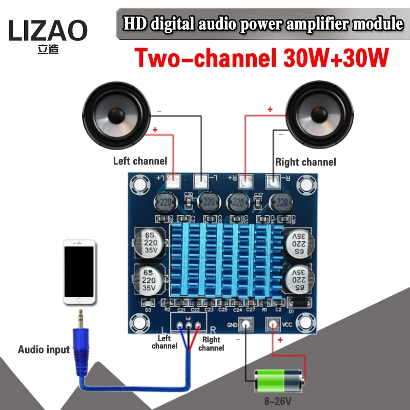 official TPA3110 XH-A232 30W+30W 2.0 Channel Digital Stereo Audio Power Amplifier Board DC 8-26V 3A C6-001