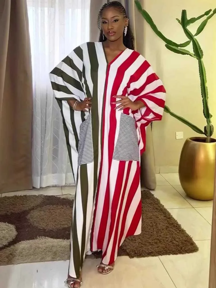 

Elegant Summer Dress for Women Bohemian Long Loose Dress with Big Pockets Striped Vintage Dress Wholesale Dropshipping