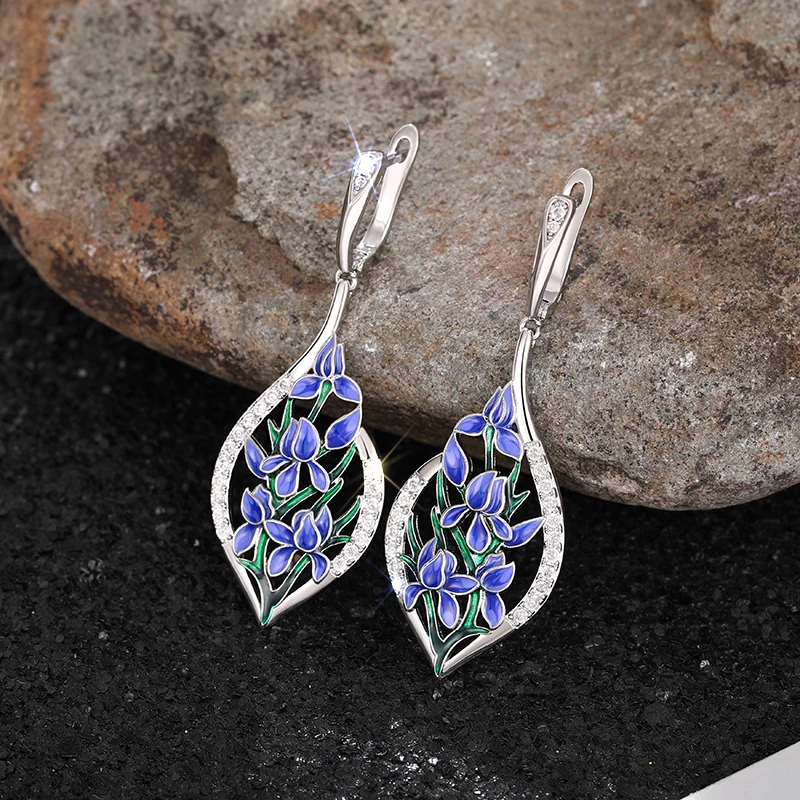 Huitan Charming Blaue Blumen Tropfen Ohrringe für Frauen Luxus Intarsien CZ Ästhetische Weibliche Ohrringe Hochzeit Party Mode Schmuck