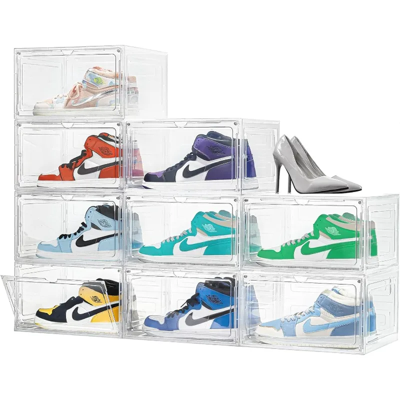 

9 Pack Upgraded Sturdy Shoe Boxes, Large Shoe Box Storage Clear Plastic Stackable, Shoe Organizer Box with Large Magnetic