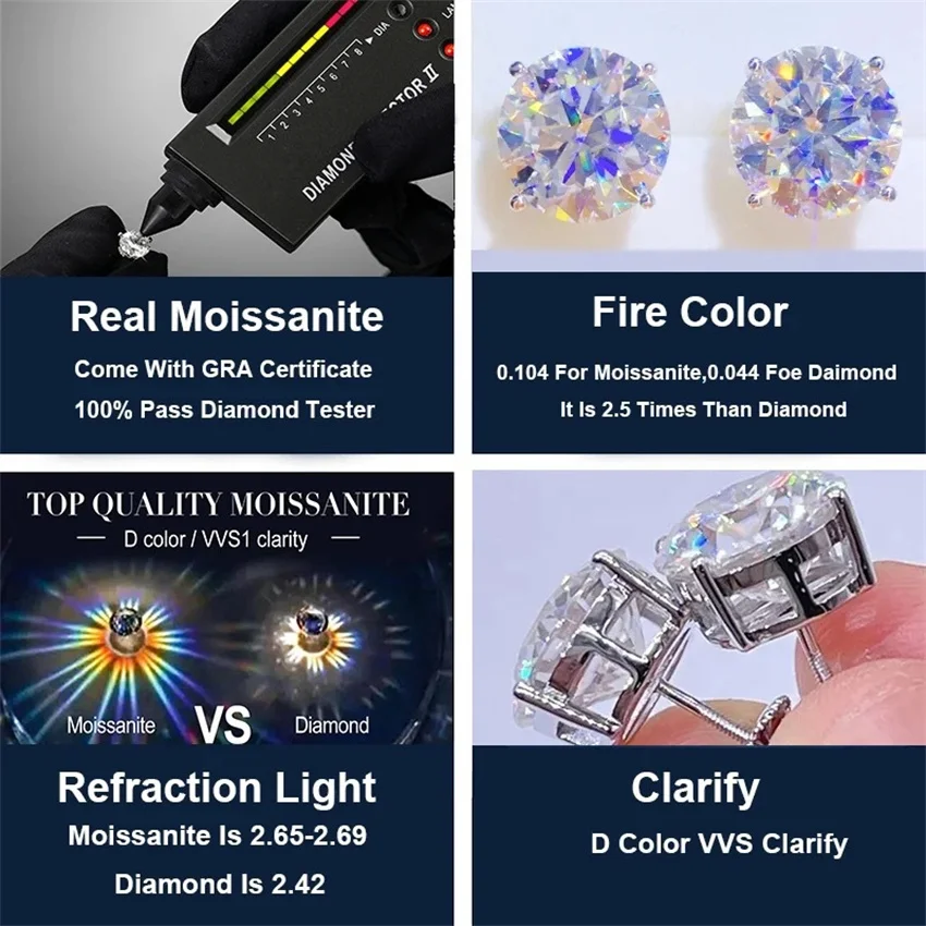 Tbestone Moissanite Earrings Screw Back 925 Silver With Certificate D Color vvs1 0.5ct 1ct 2ct Brand For Women Four Claws Studes