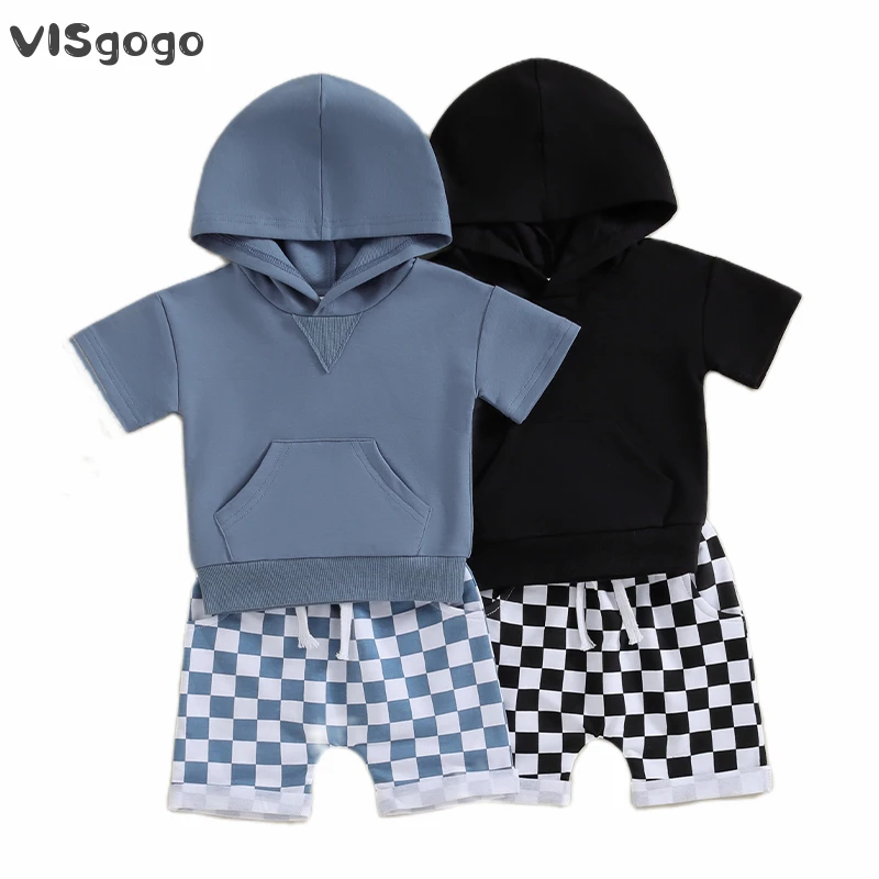 

VISgogo Toddler Baby Boys Summer Outfits Solid Color Hooded Short Sleeve Tops and Checkerboard Elastic Waist Shorts Clothes Set