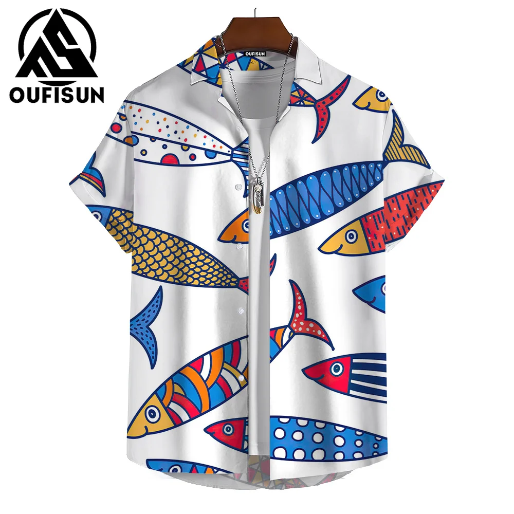 Camisa estampada de verano para hombre, estampado 3D de dibujos animados, estampado de peces, vacaciones en la playa, uso diario, camisa de manga corta para hombre, Top de gran tamaño