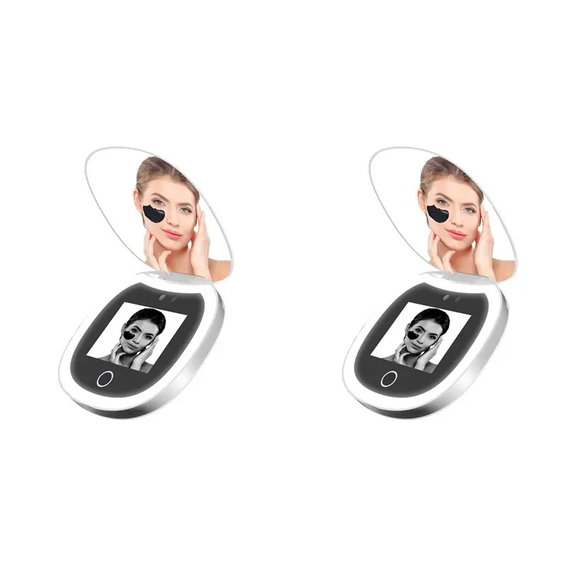2Pcs UV Mirror Sunscreen Testing Camera With Light 2X Magnification Travel Makeup 3.5In Pocket Size L Pocket Mirror