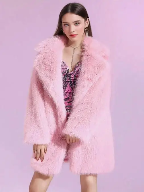 

New Street Style Autumn Winter Warm Faux Fur Coat Medium Length Coat Casual High Quality Fluffy Jacket